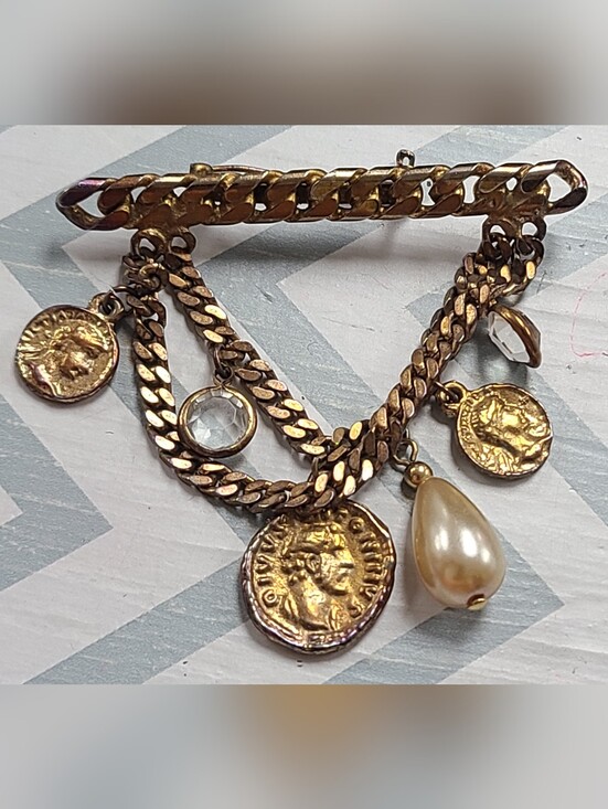 Jewelry - Vintage Roman Coin Charm Brooch – Victorian Revival Gold Tone Pin with Faux...